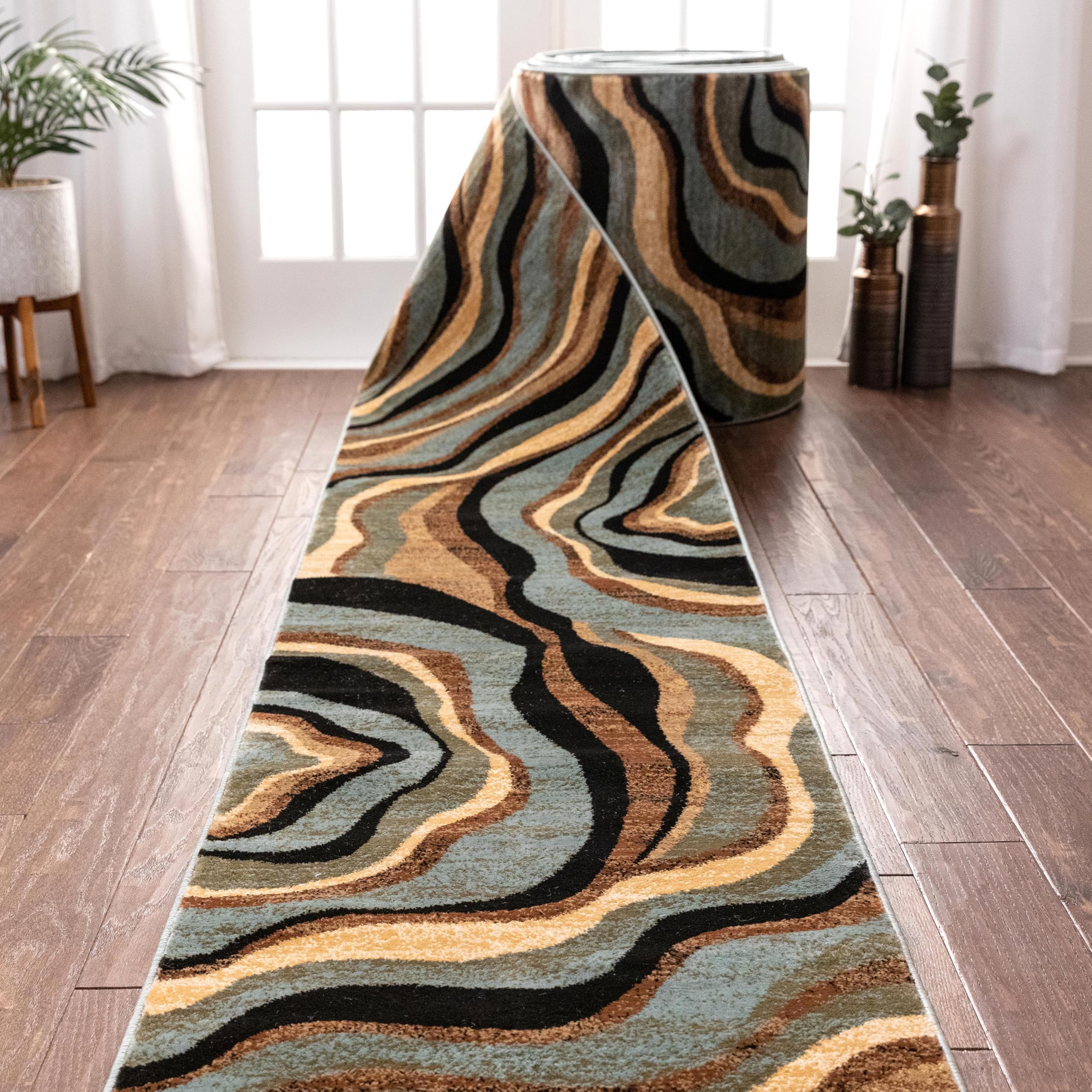 Well Woven Custom Size Hallway Stair Runner- Choose Length – Hudson Waves Blue Geometric Stripes Modern 26 Inch Wide x 18 Feet Long Runner (26″ x 18′) Abstract Stripes Carpet