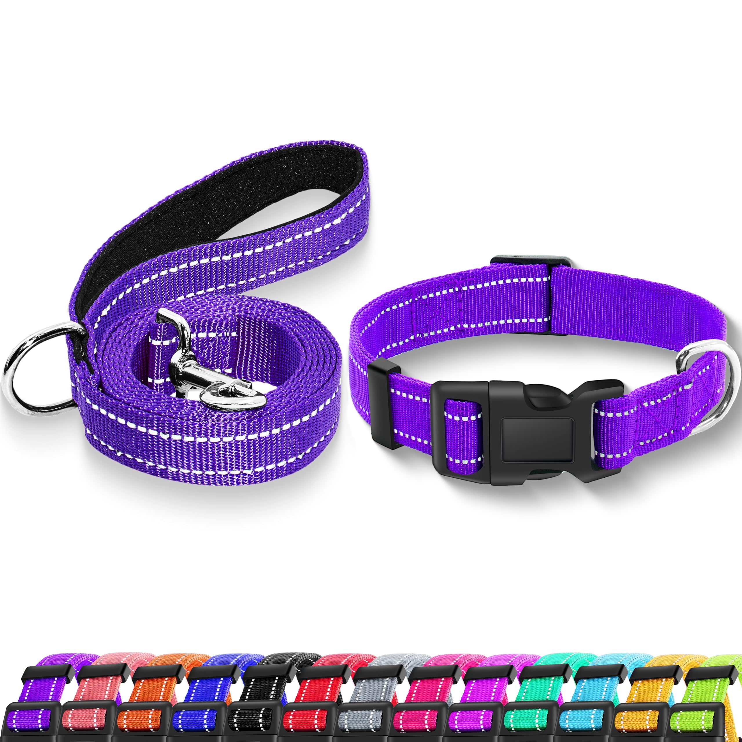 Photo 1 of Maiiu Reflective Dog Collar with Safety Locking Buckle, Adjustable Soft Breathable Nylon Collars for Small, Medium and Large Dogs(Collar+Leash M Purple)