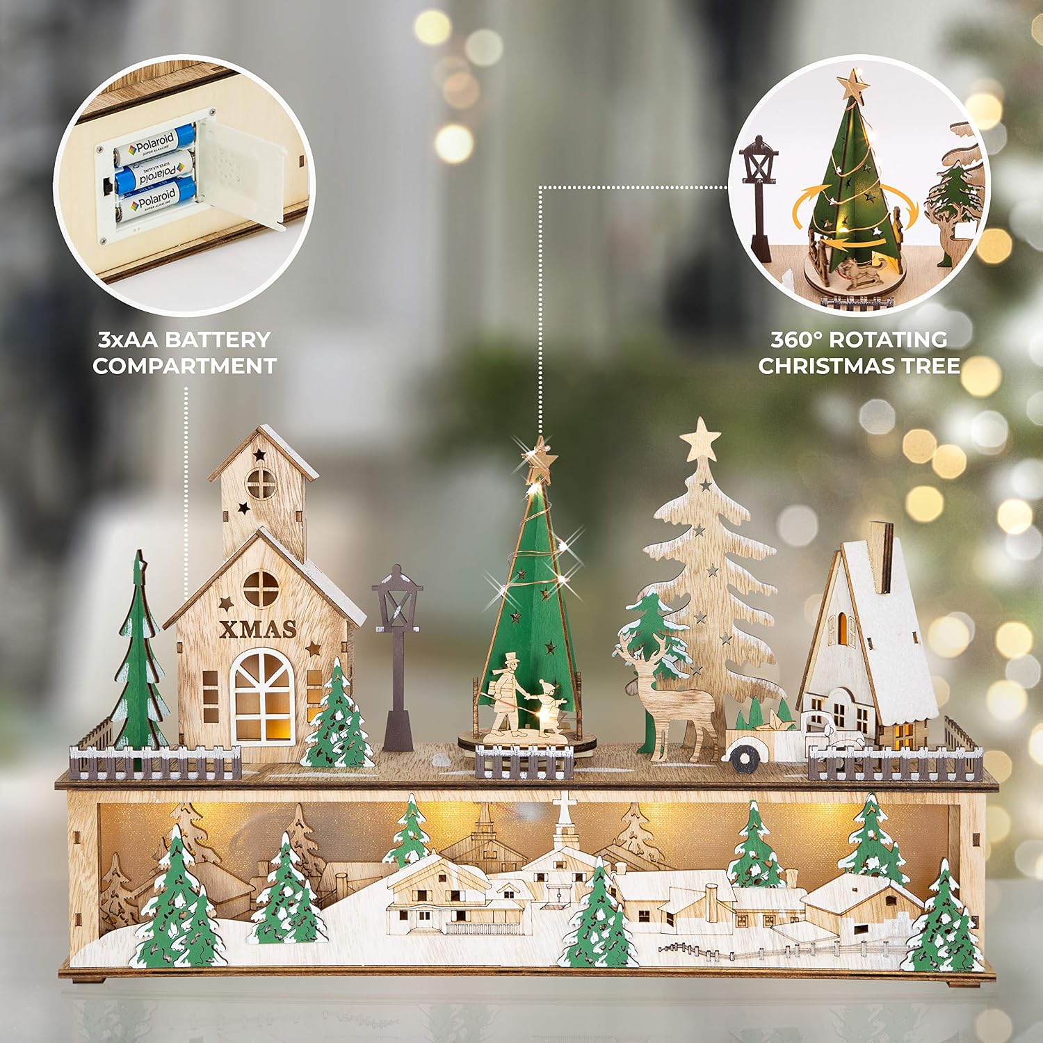 The Christmas Workshop Light Up Wooden Festive Scenes/Indoor Christmas Decorations/Warm White LEDs/Hand Crafted (Musical Christmas Scene) - Image 4