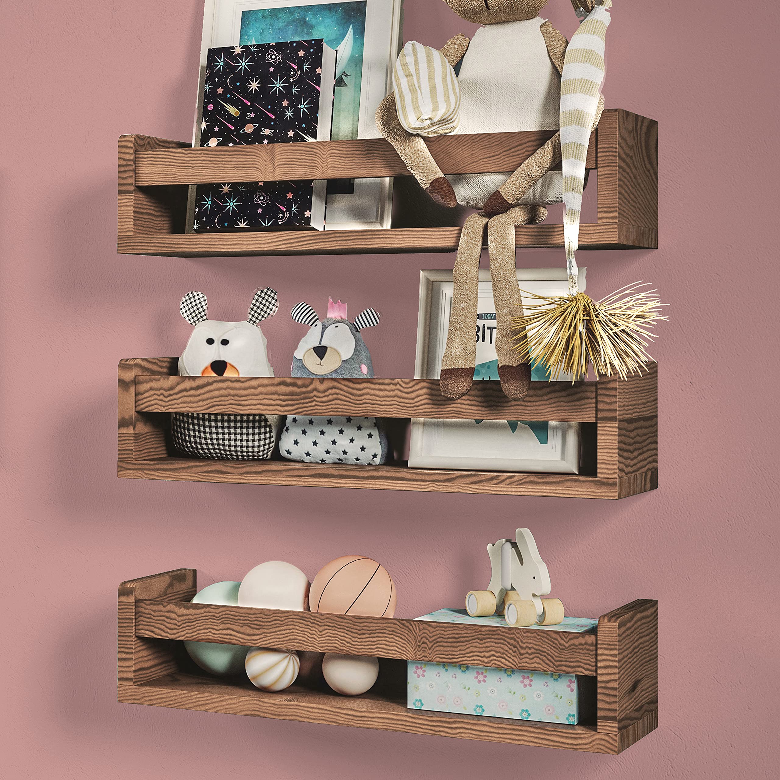 NATURE SUPPLIES Set of 3 Nursery Shelves Wall Mounted Children’s Wooden Floating Bookshelf for Bedroom, Bathroom, Kitchen Storage Shelves Kids Decor, Brown