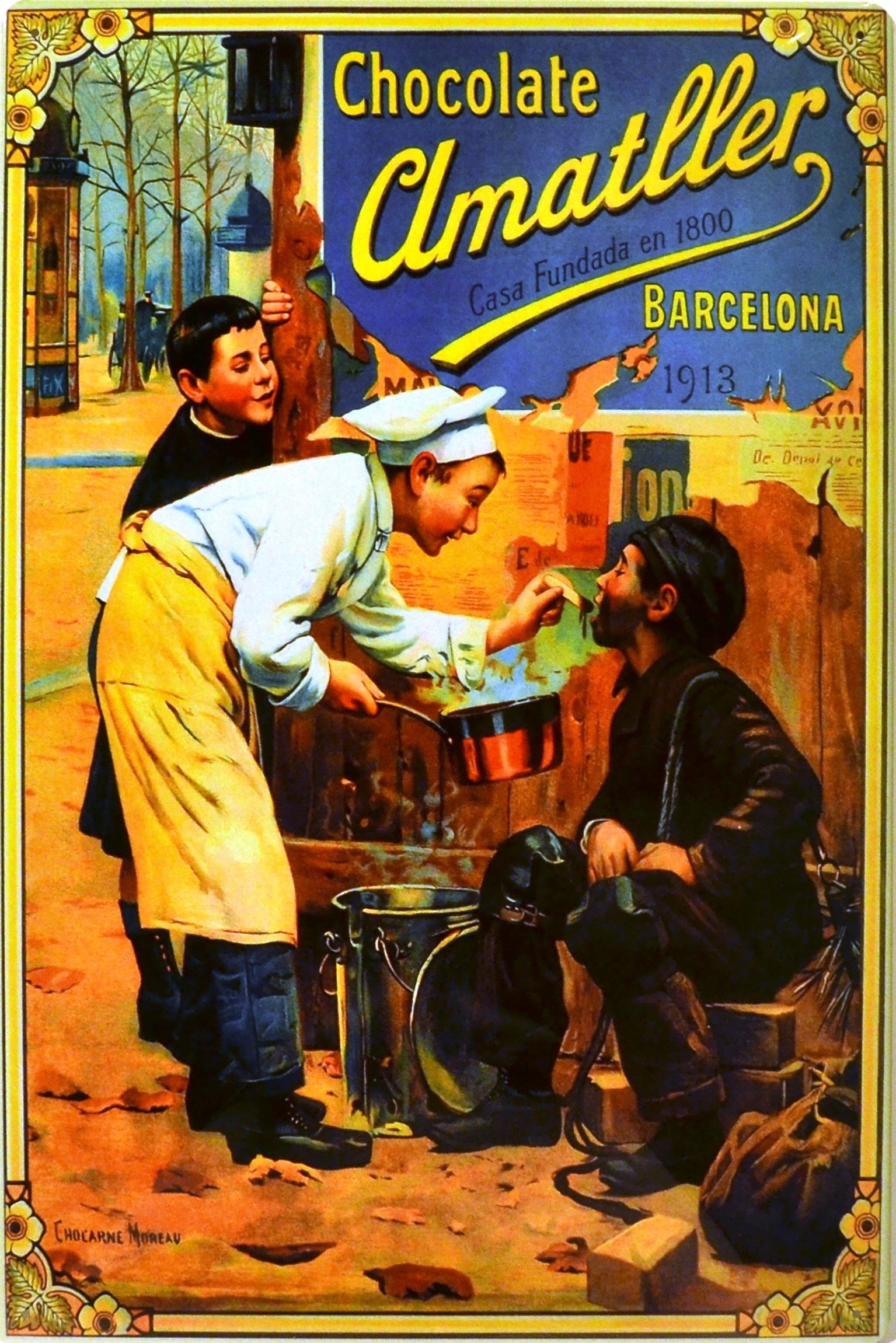 ART ESCUDELLERS Tin poster sign, with retro vintage design from Catalunya/Spain. Tin sign. 19,68" X 13,19" (CHOCOLATES AMATLLER NIÑOS) — image 1