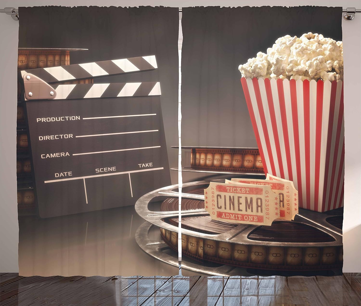 Ambesonne Movie Theater Curtains, Old Fashion Entertainment Objects Related to Cinema Film Reel Motion Picture, Living Room Bedroom Window Drapes 2 Panel Set, 108 W X 63 L Inches, Multicolor