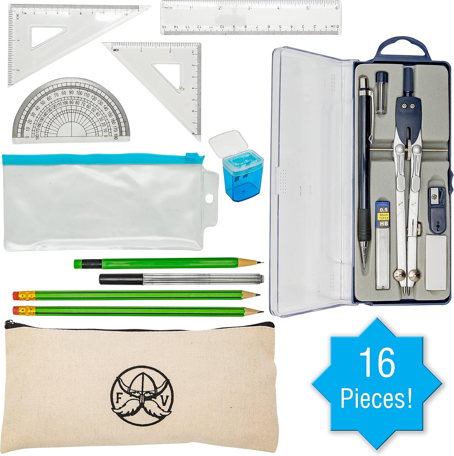 Protractor and Compass Set with Ruler, Set Square, Protractor, Compass for Geometry, Pencils, Pencil Case, Mechanical Pencil, Pencil Sharpener, Eraser and Lead : Office Products