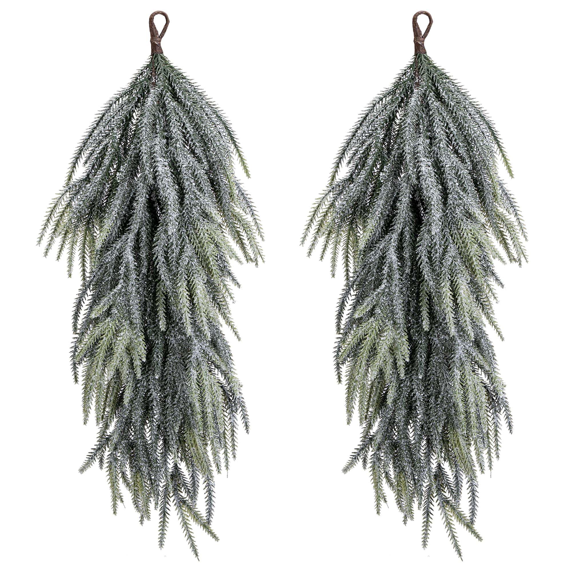 View 1 of 2 Pcs Artificial Christmas Snow Teardrop Swag, 28" Faux Glitter Snow Flocked Norfolk Pine Teardrop Door Swag, White Frosted Real Touch Pine Wreath Staircase Swags for Xmas Door Mantle Fireplace Decor