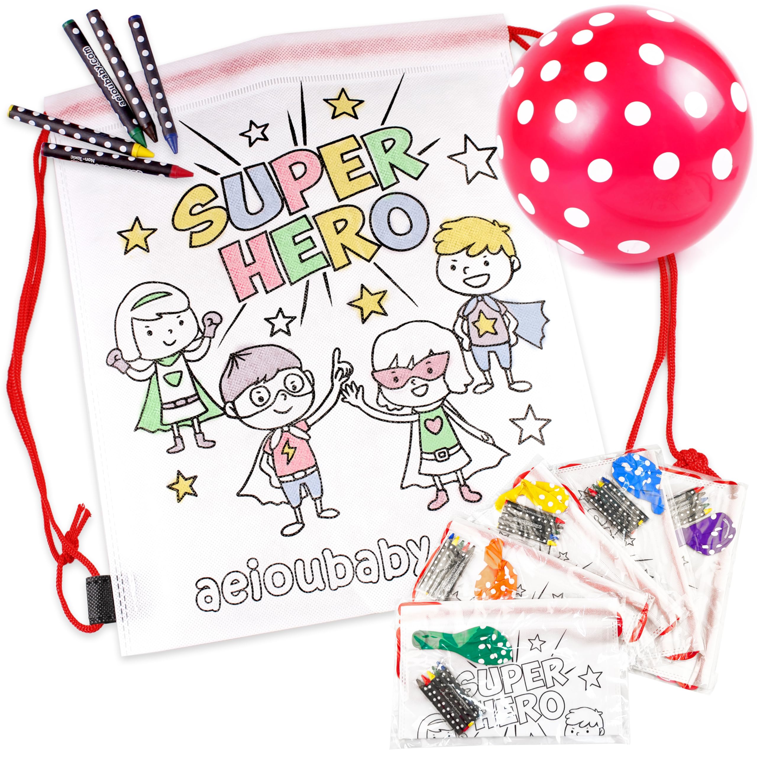 aeioubaby.com 10 Backpacks Color Your Own | 10 Individual Bags with 5 Coloured Crayons and a Balloon | Children's Gift for Parties and Birthdays (Heroes)
