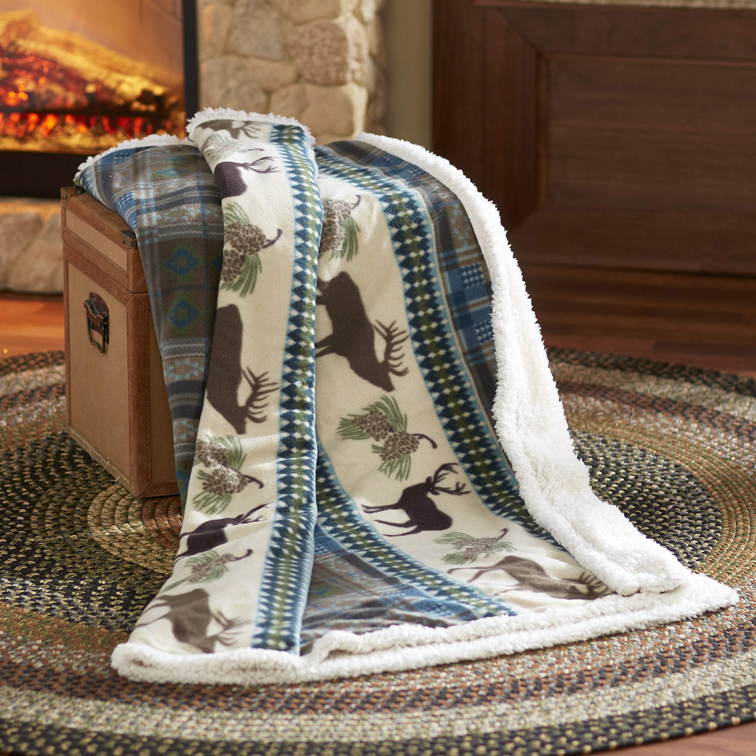 The Lakeside Collection Woodland Print Jumbo Fleece and Sherpa Lodge Throw Blanket - Deer