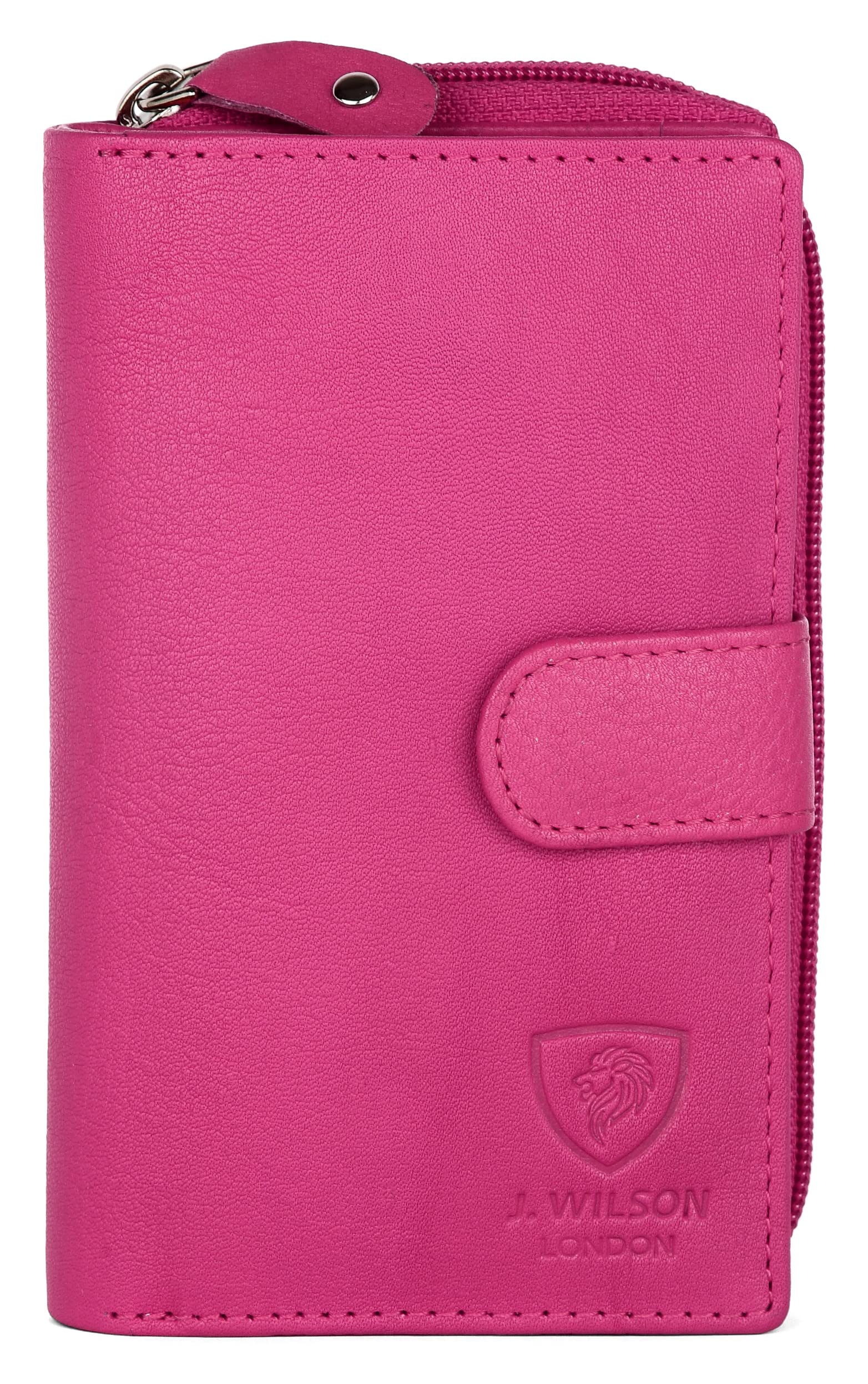 J. Wilson London Ladies RFID Safe Designer Soft Leather Purse Card Women Clutch Wallet with Zip Pocket Gift Boxed (Pink)