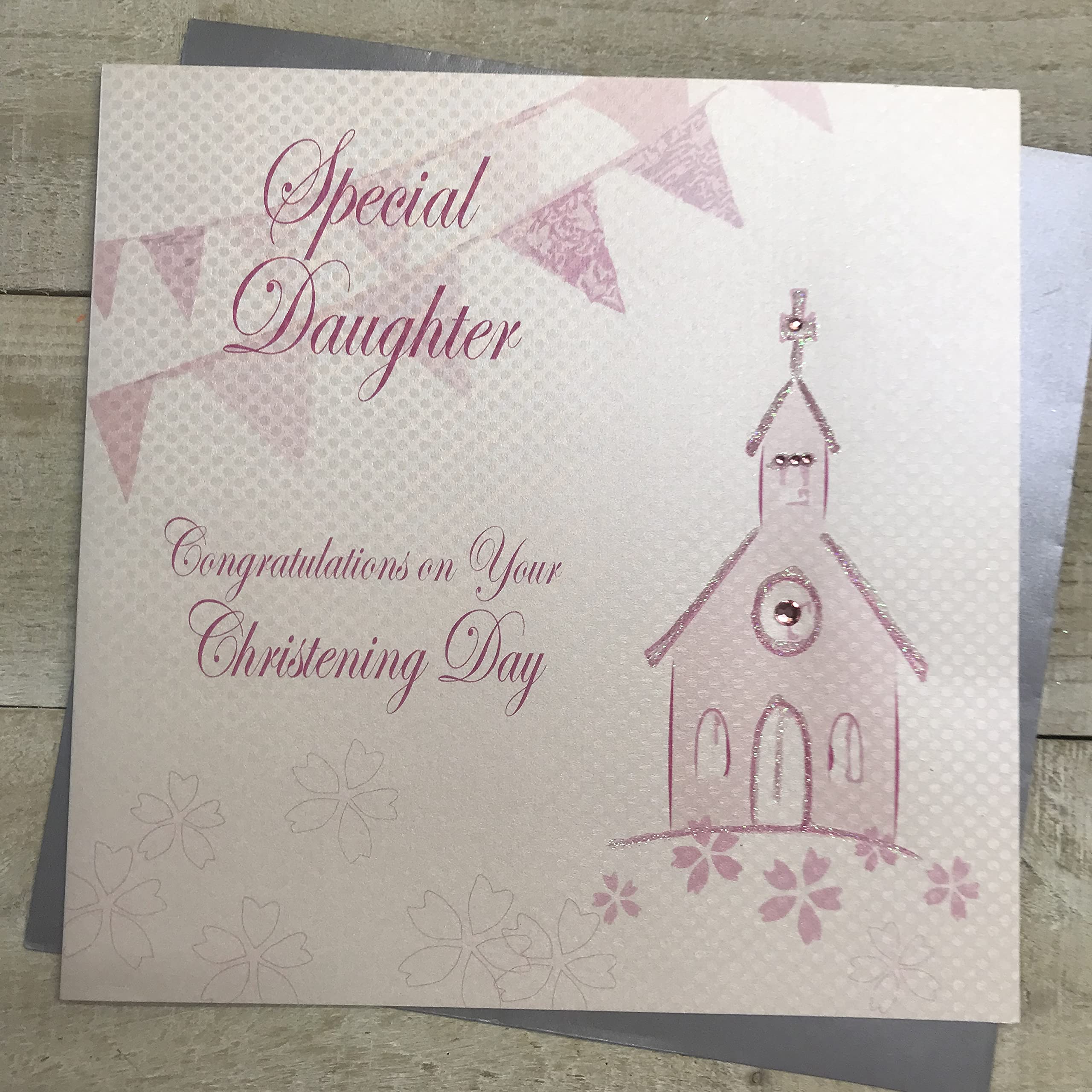 white cotton cards Special Daughter Congratulations Day, Handmade Large Christening Card (Pink,Church)