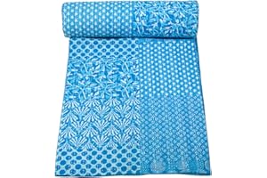 Marubhumi Indian Handmade Pure Cotton Kantha Quilt Throw Blanket Bespread (Sky, Twin (60"x 90"))