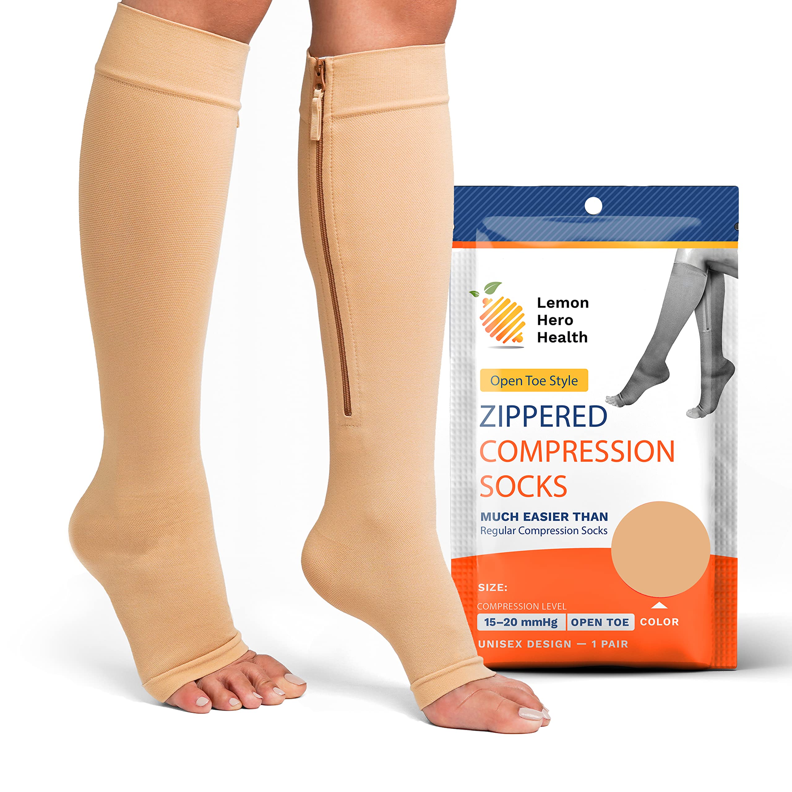 Photo 1 of Medical Zippered Compression Socks - Open Toe 15-20 mmHg Varicose Veins Compression Stockings with Zip Guard for Skin Protection, Lightweight Diabetic Compression Socks - 3XL, Beige [1 Pair]