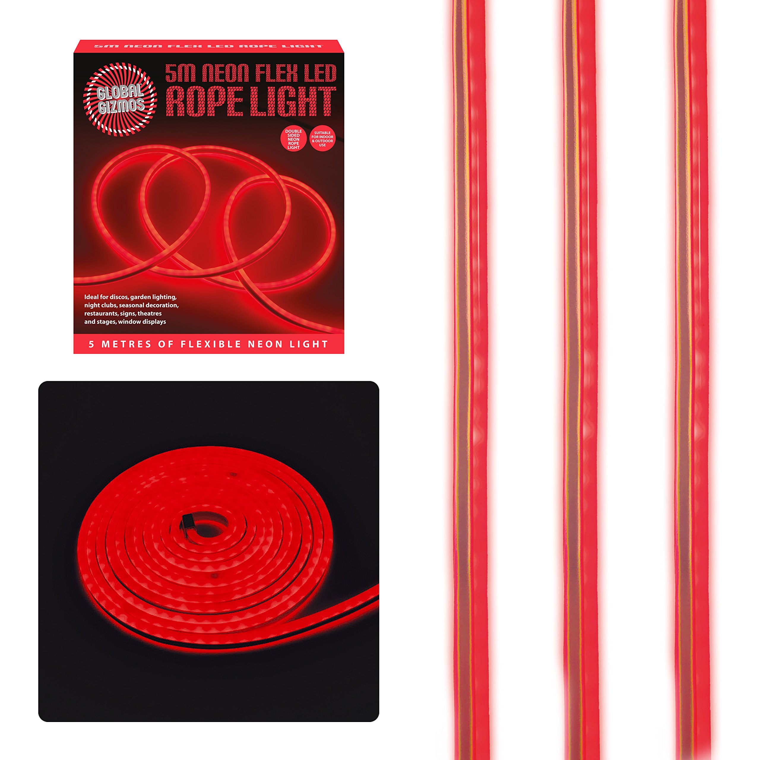 Global Gizmos 47510 5 Metre LED Strip Lights/Flexible Rope Lights/Neon Style Glow/Great for Bedrooms & TV Backlight/Indoors or Outdoors/Red Colour