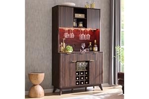 OKD 72" Tall Wine Bar Cabinet with Storage Hutch, Modern Wood Fluted Coffee Bar Cabinet with LED Lights and 10 Tier Storage Shelf & 9 Grid Wine Glass Rack for Home Dining Room Kitchen (Dark Walnut)