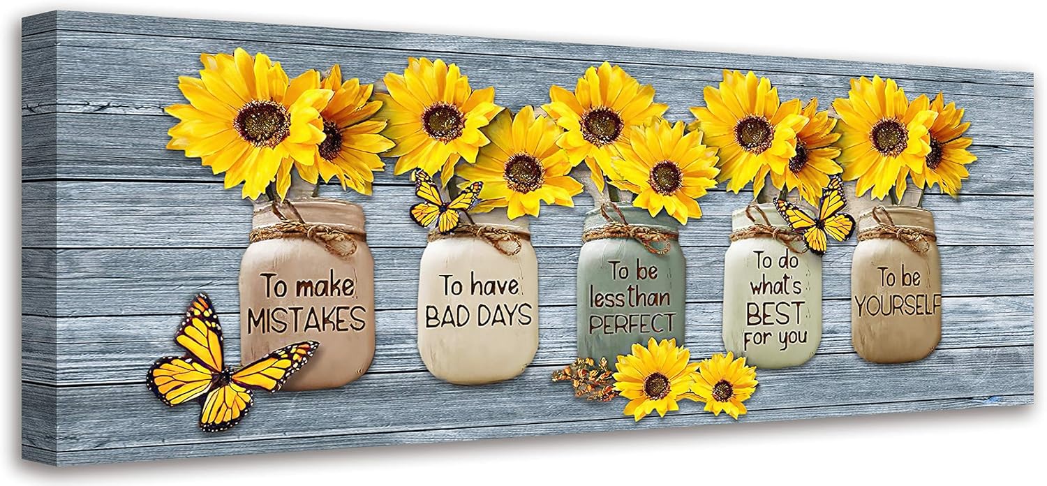 Sunflower Wall Art To Be Yourself Inspirational Quotes Wall Decor Rustic Farmhouse Sunflower Painting Picture Signs Canvas Print Artwork For Kitchen Living Room Bedroom Bathroom Home Decor 6x17 Inch