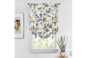 DriftAway Tie Up Curtains for Windows Ryan Sketch Floral Branch Leaves Blackout Lined Tie Up Adjustable Balloon Rod Pocket Curtain for Small Window 25 Inch by 47 Inch Yellow Gray