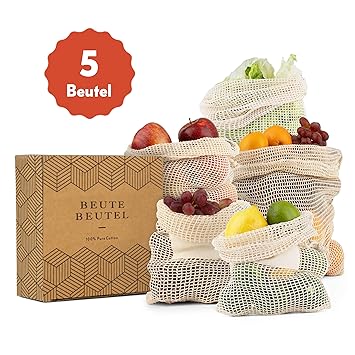 Beute Beutel - Obstnetz zum Einkaufen Wiederverwendbar aus Natürlicher Baumwolle - 5er Set Obst und Gemüse Beutel für den Pla