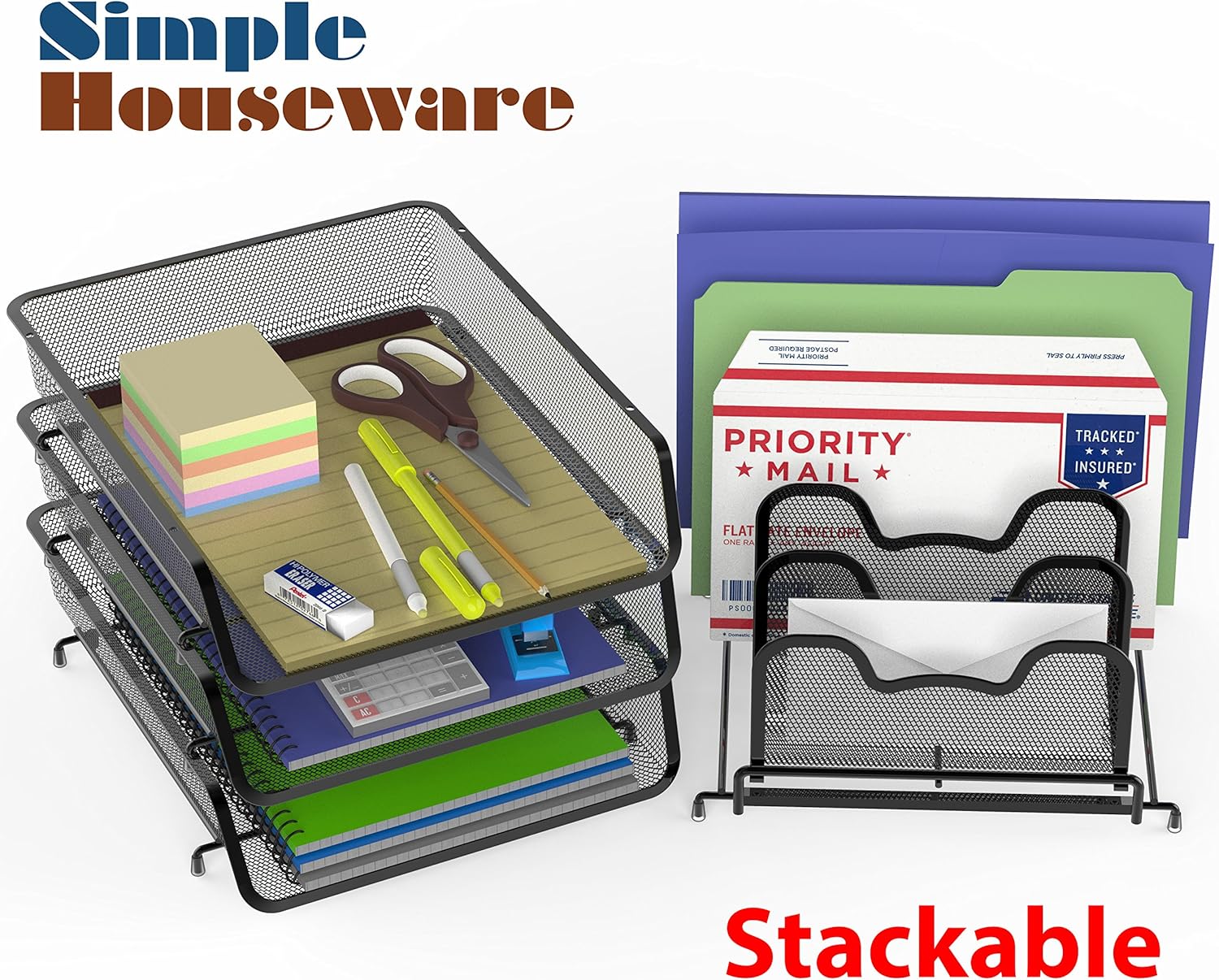 SimpleHouseware 3-Pack Stackable Desk File Document Letter Tray w/ 5 Compartments Step File Organizer, Black : Office Products