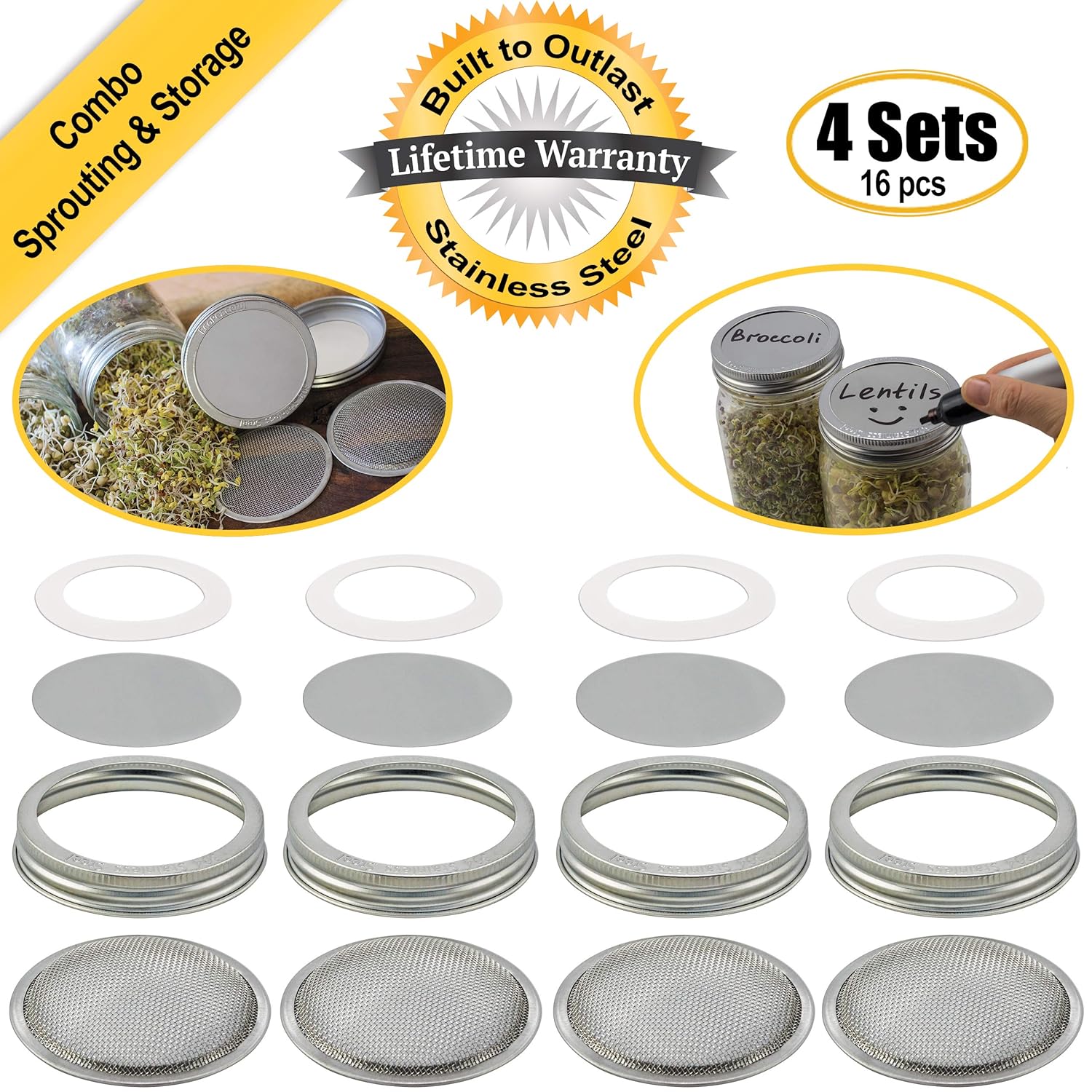 4 Sets: Stainless Steel Sprouting Lids + Storage Caps (4 Curved Sprouter Screens,4 Inserts,4 Bands,4 Seals) - For Wide Mouth Mason Canning Jars Kerr/Ball. Rust-Proof, BPA-free Seed Grower Sprouts Kit