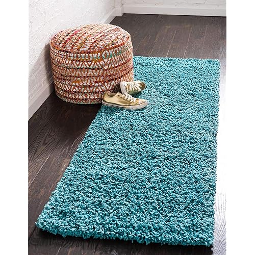 Unique Loom Solo Solid Shag Modern Area Rug_SHG001, 2' 6" x 13' Runner, Aqua Blue