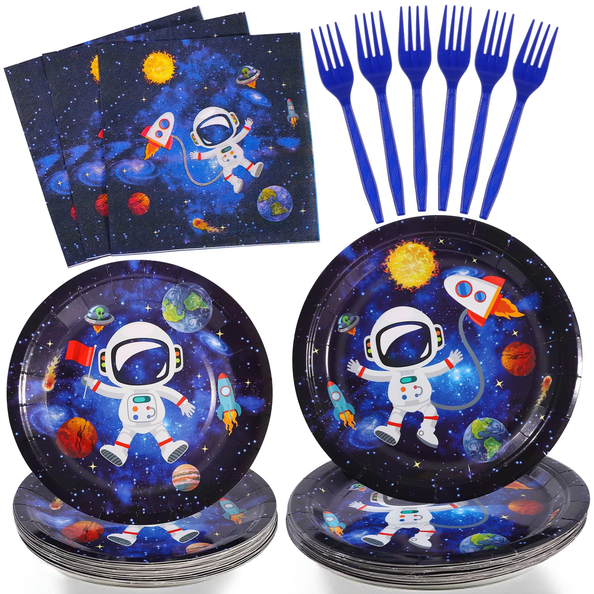 Photo 1 of SCIONE 96 Pcs Outer Space Party Decorations Galaxy Party Tableware Set, Solar System Paper Party Plates Napkins Forks for 24 Guests, Kids Party Favors Space Themed Birthday Party Supplies