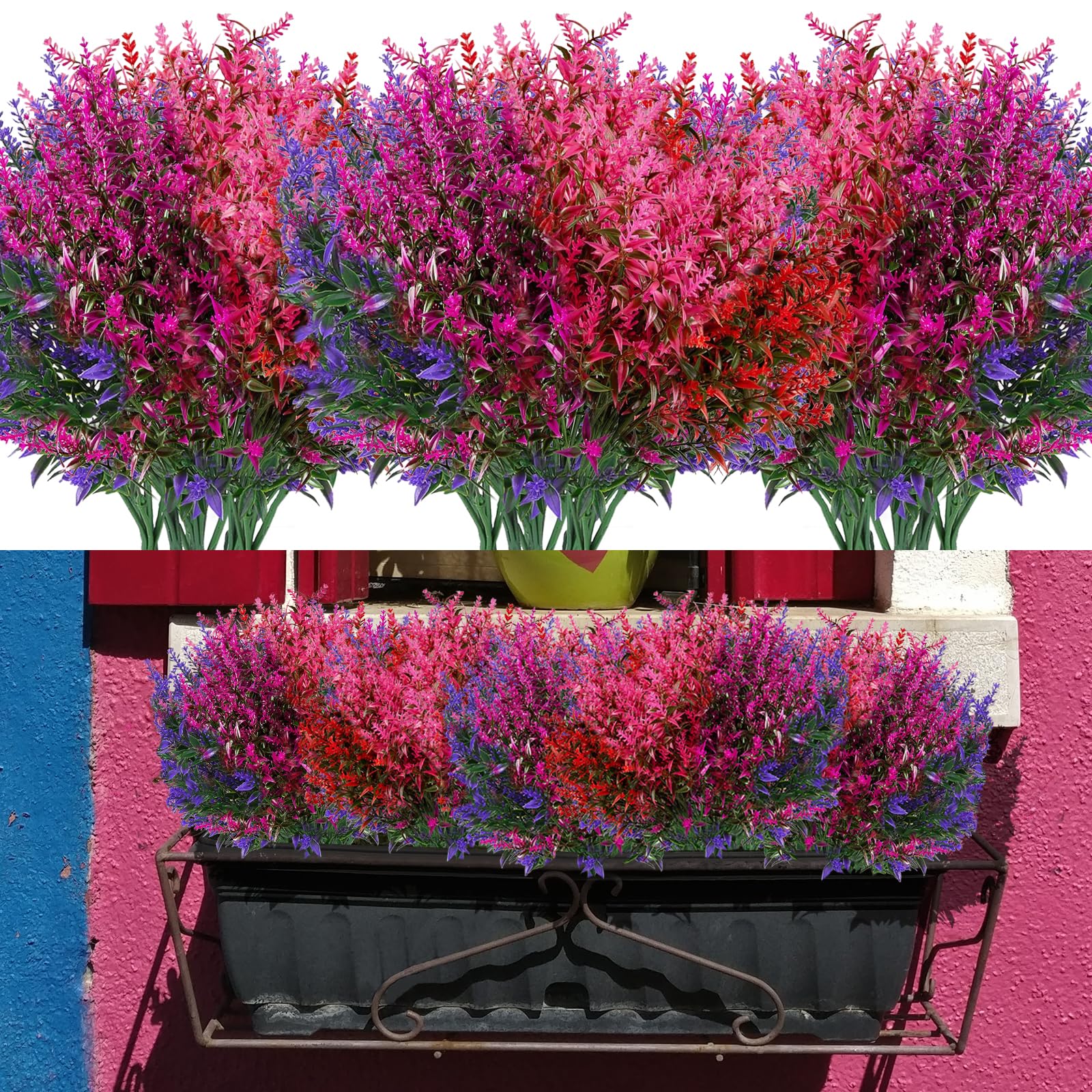 12 Pcs Artificial Flowers Outdoor 4 Colors Fake Flowers Artificial Plants UV Resistant Faux Plastic Plants Faux Lavender Bouquets Decorations for Indoor Outdoor Home Garden Window Box Wedding Patio