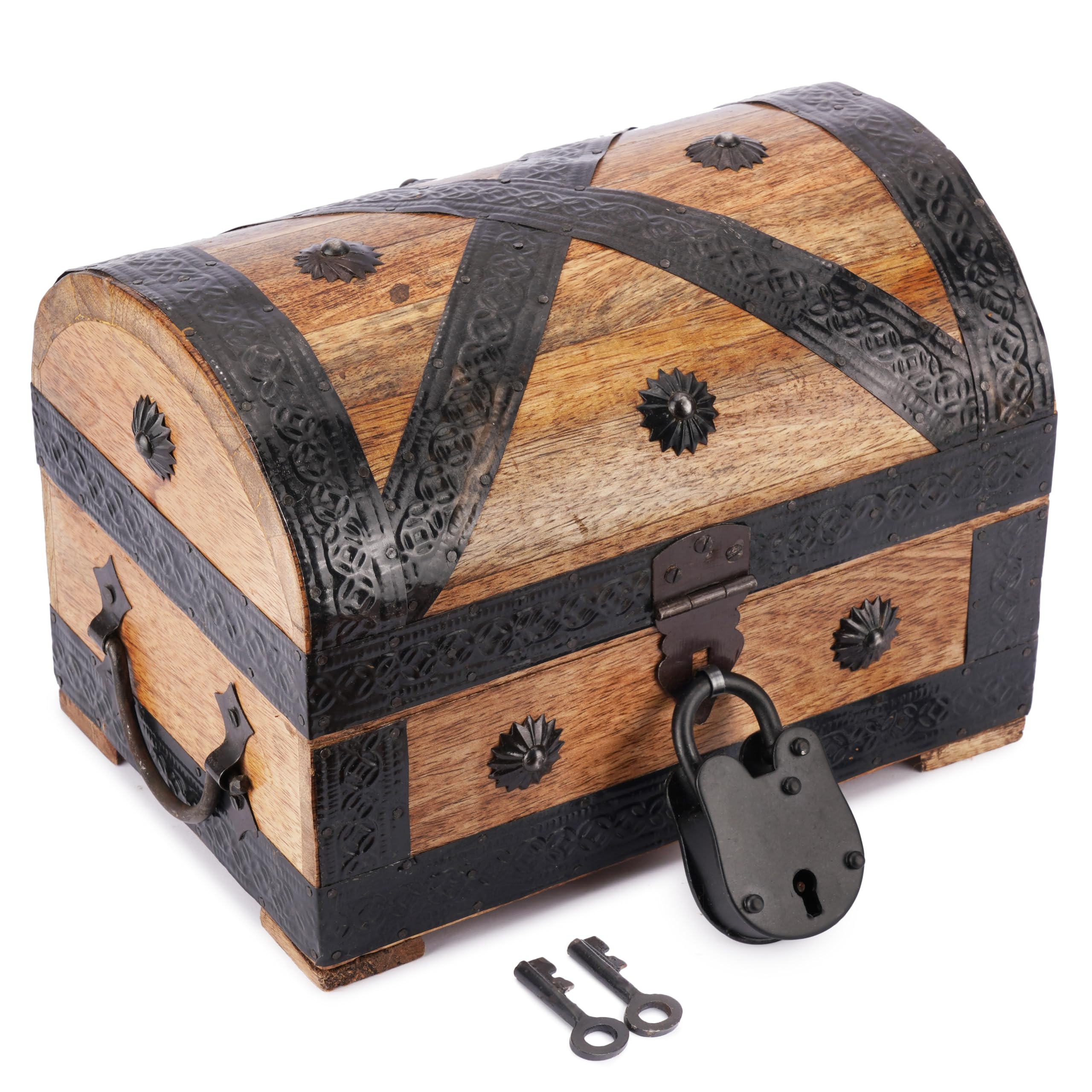 Ajuny Handcrafted Wooden Pirate Treasure Chest Jewelry Box Multipurpose Vintage Shell Strips Keepsake Trinket Storage Case Holder Necklace Earring Organizer Gift, 9x6 Inch
