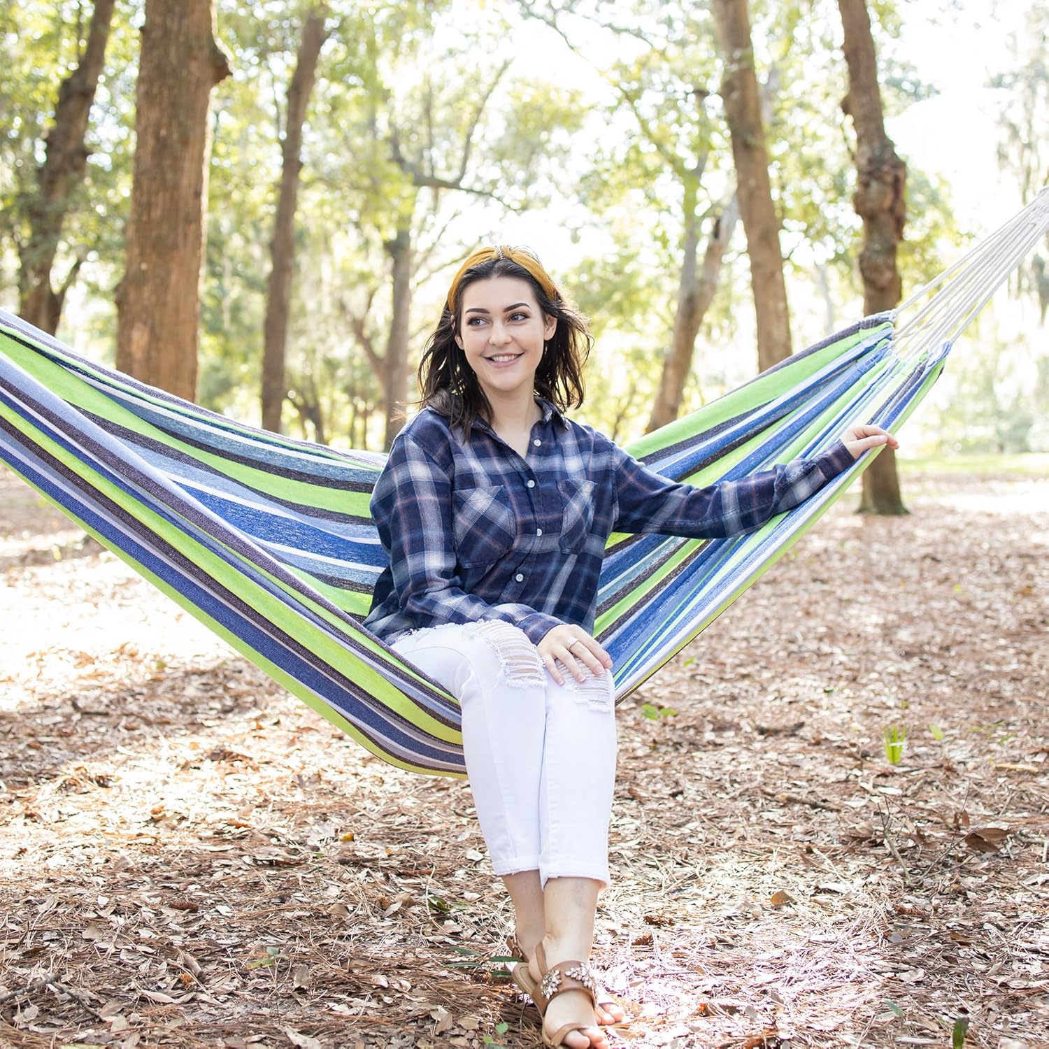 SUNCREAT 12ft Double Brazilian Wide Hammock Cotton Fabric Travel Camping Hammock with 2 Person for Indoor or Outdoor-Oasis : Garden & Outdoor
