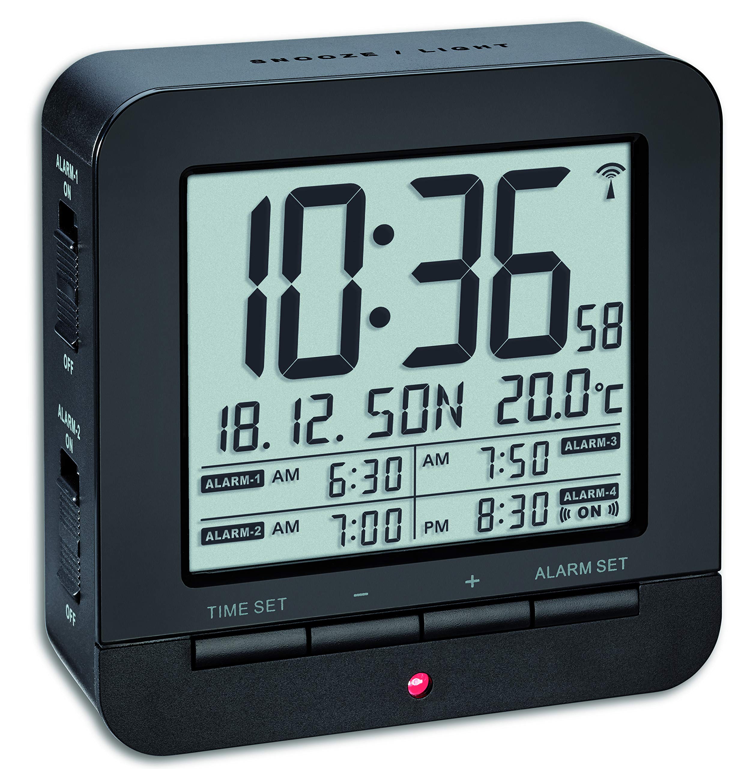 TFA Dostmann 60.2536 Digital Radio Controlled Alarm Clock with 4 Alarm Times (black)