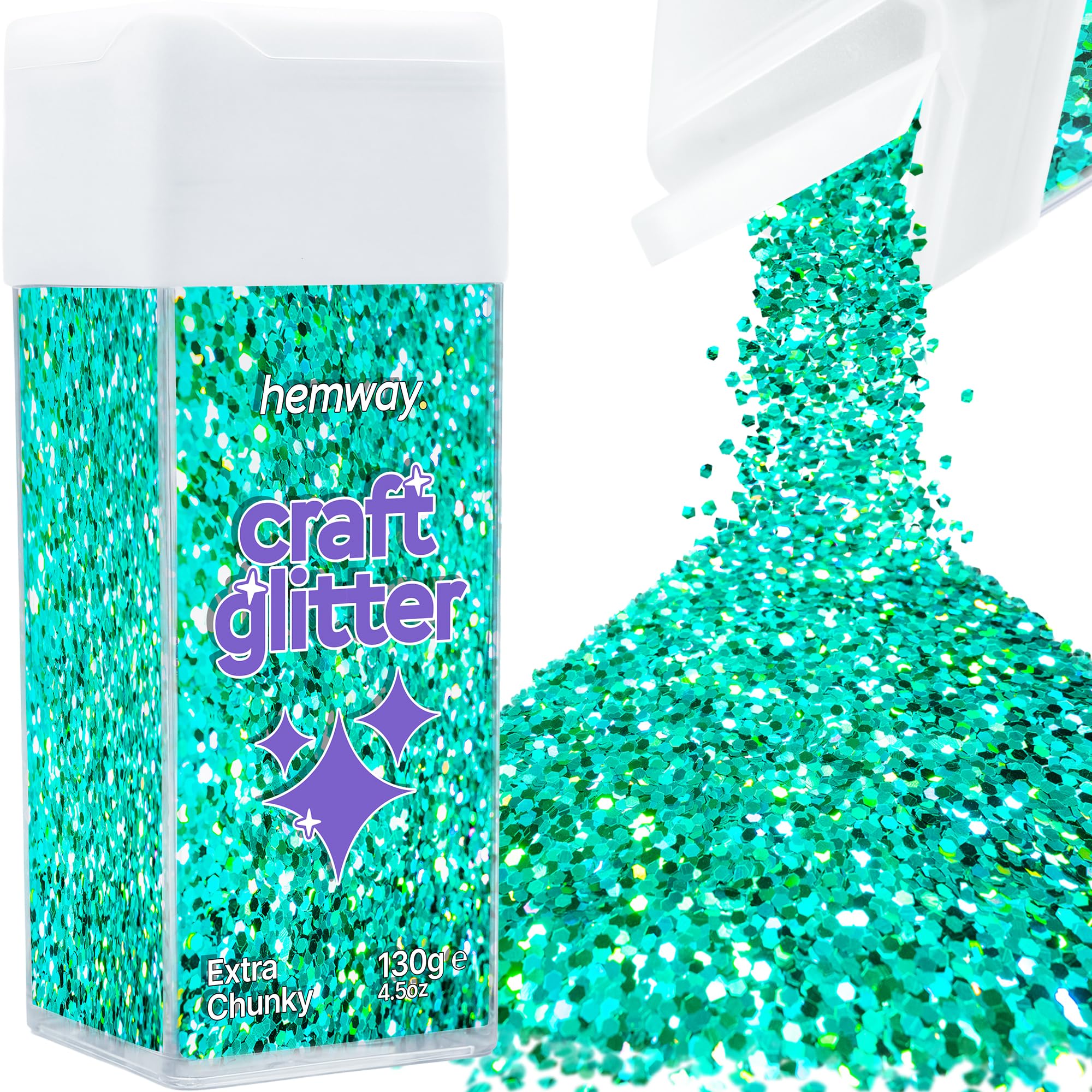 Hemway Glitter Shaker Turquoise Blue Holographic 130g Extra Chunky, Craft Glitter Shaker for Resin & Epoxy Crafts, Christmas Art Supplies, Nail, Body, Face, Eye, Festival, Crafting, Slime, Sparkle