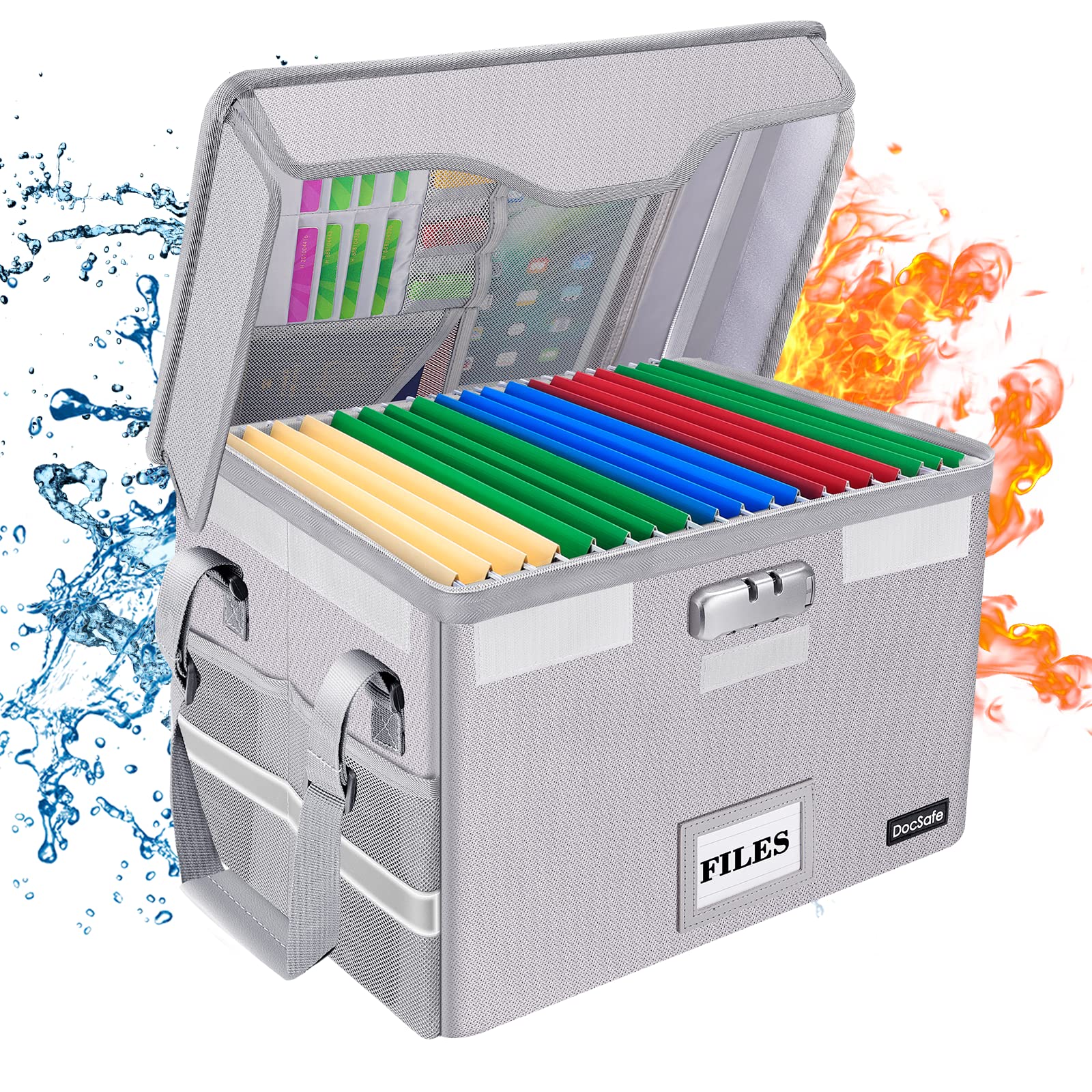 DocSafe Fireproof Document Box with Lock,File Storage Organizer with Zipper Pockets,Collapsible Portable File Box Home Office Safe Filing Cabinet with Handle for Hanging Letter/Legal Folder,Silver Image