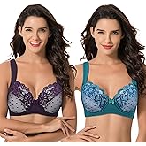 Curve Muse Women's Plus Size Unlined Underwire Lace Bra with Cushion Straps-2PK