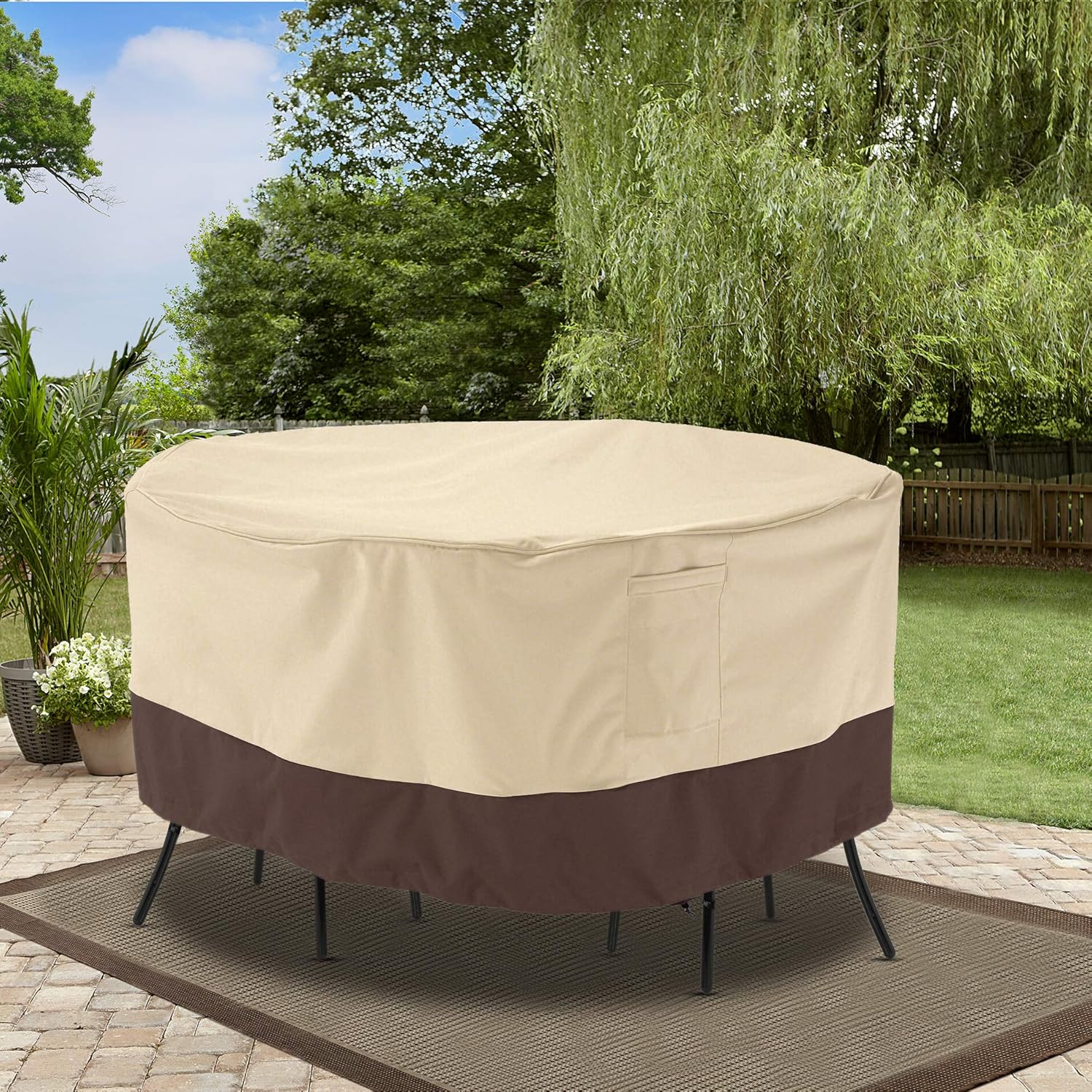 Arcedo Patio Furniture Set Cover, Outdoor Round Table and Chair Cover, Heavy Duty Waterproof Lawn Dining Table Cover with Buckled Strap, Dustproof and Sunproof, 84" Dia, Beige & Brown : Garden & Outdoor