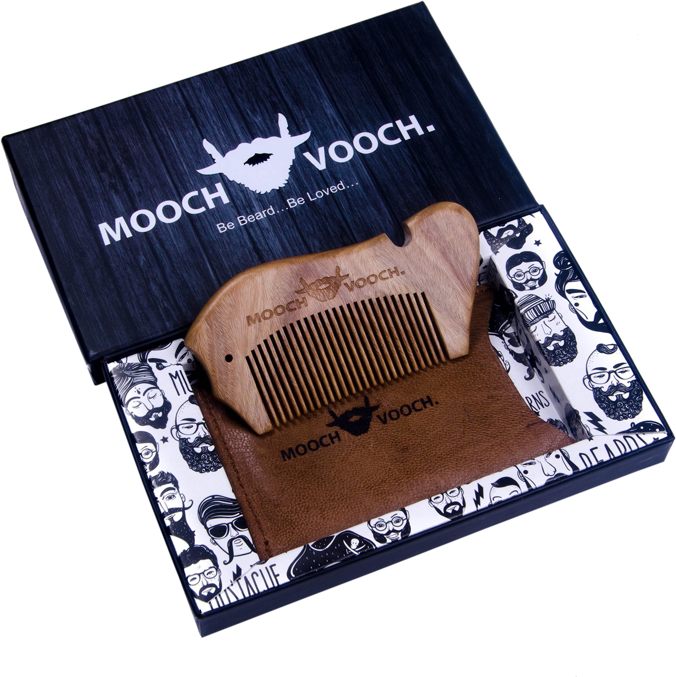 Beard & Mustache Comb With Pure Leather Pouch Anti Static & Vintage Style Natural Chacate Preto Wood Handmade & Unique Shaping & Styling Tool For Breads A Premium Giftbox By Mooch Vooch