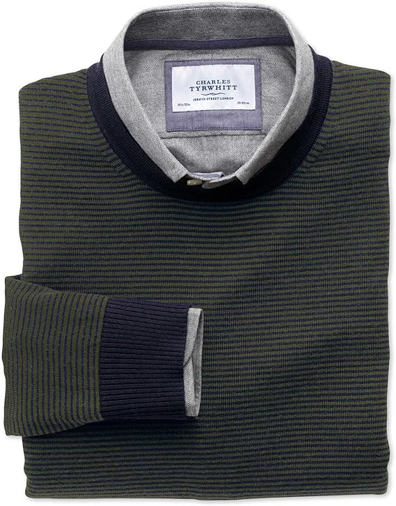 Charles Tyrwhitt Dark Green and Navy Stripe Merino Wool Crew Neck Sweater at Amazon Menâs 