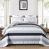 DJY Grey Striped Quilt Queen Size, Black Gray Boho Striped Bedspread Coverlet Set Soft Microfiber Patchwork Quilt Bedding Set 3 Pieces for All Season