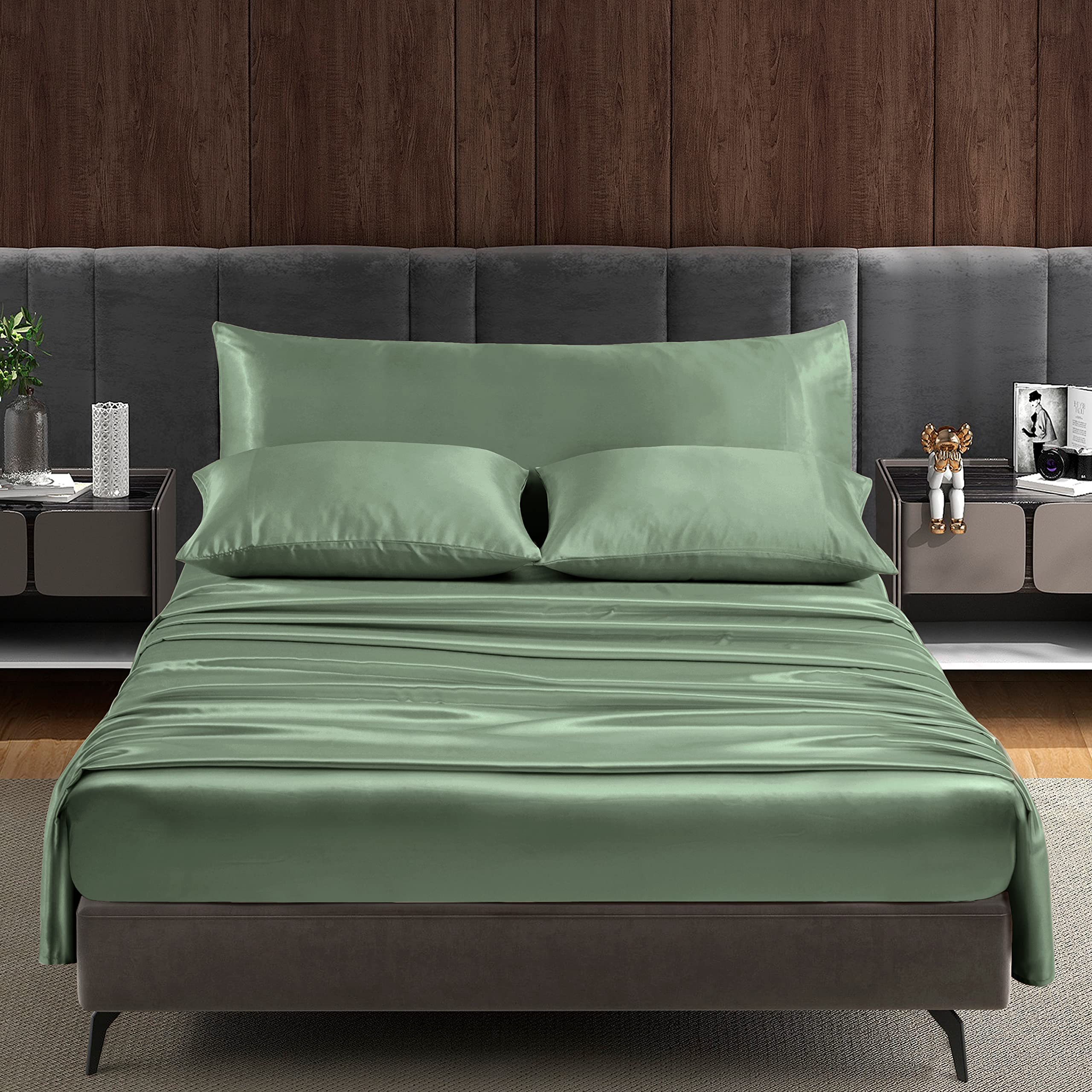 Photo 1 of Entisn 5Pcs Silky Satin Sheets Set, King Size Satin Bed Sheets Set, Sage Green Luxury Bedding Sets, Breathable & Ultra Soft Sheets Set Includes 1 Fitted Sheet, 1 Flat Sheet, 3 Pillowcases
