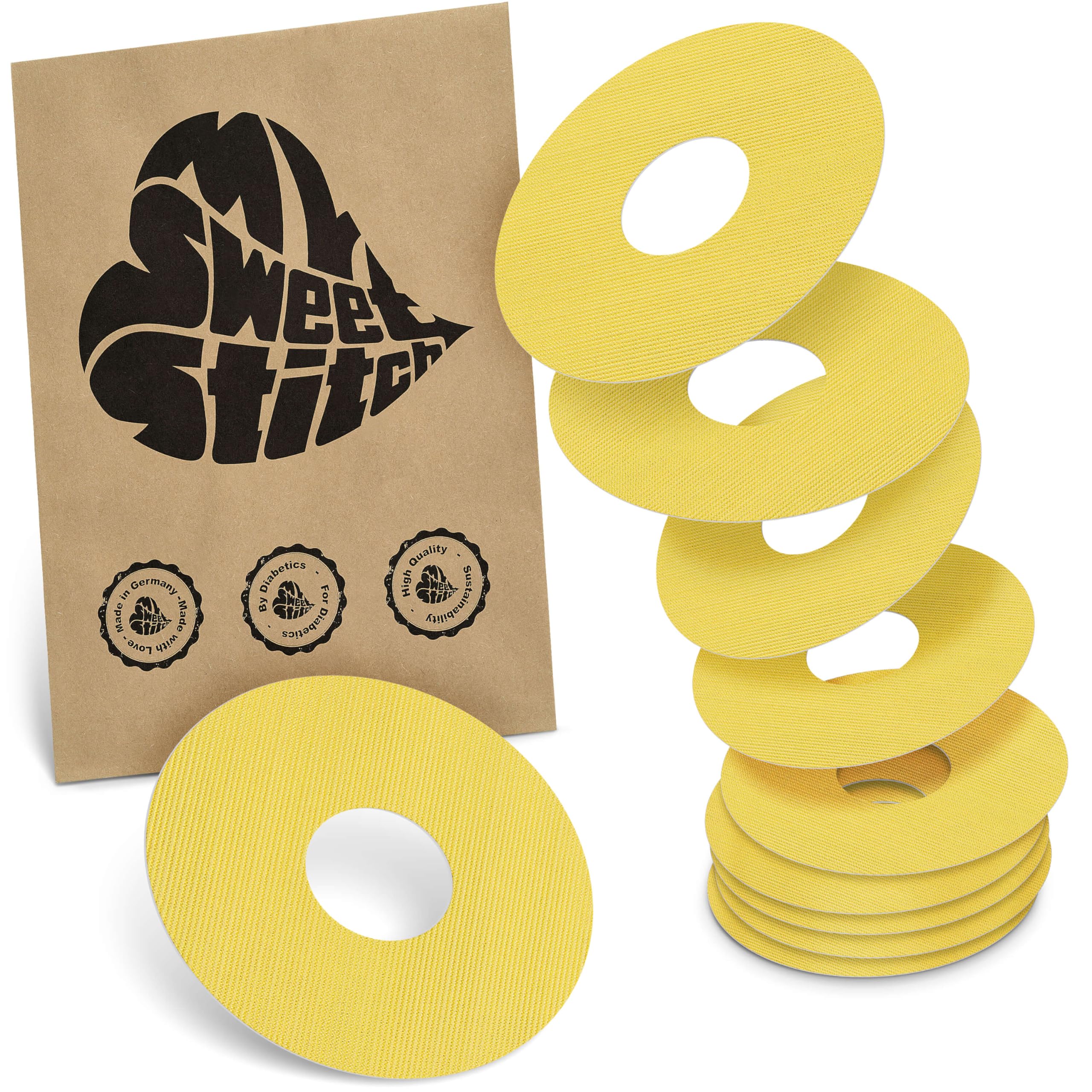 MySweetStitch - 10 x Freestyle Libre 3 Round Patches, Ring Patch Ø 60mm, Inner Ø 20mm, Waterproof, Breathable, Skin-Friendly, Made in Germany, Yellow