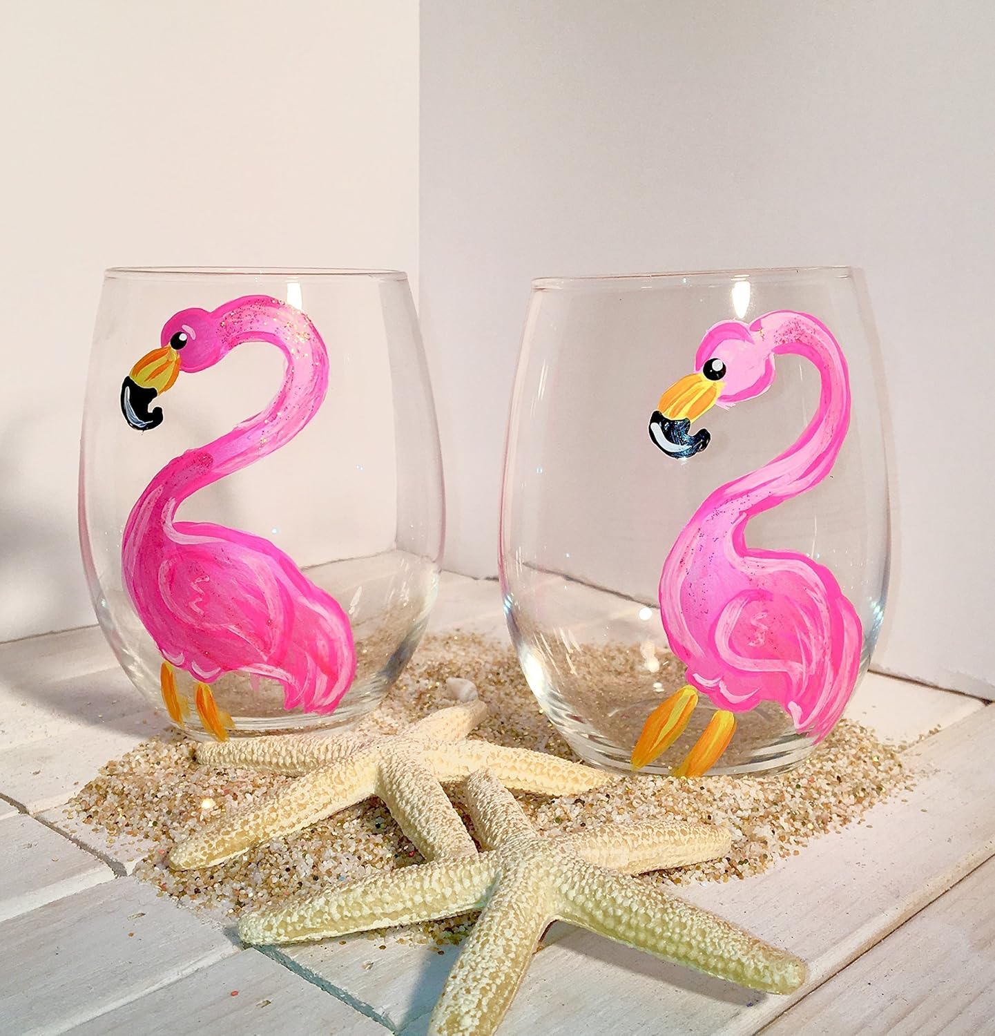 Flamingo Gift Stemless Wine Glasses Set of 2 Handmade