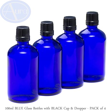 4er-PACKUNG - 100ml BLAUGLAS-Flaschen mit Schwarzen Sicherheitsverschlusskappen & Dosier-Tropfern. Ätherisches Öl / Verwendun