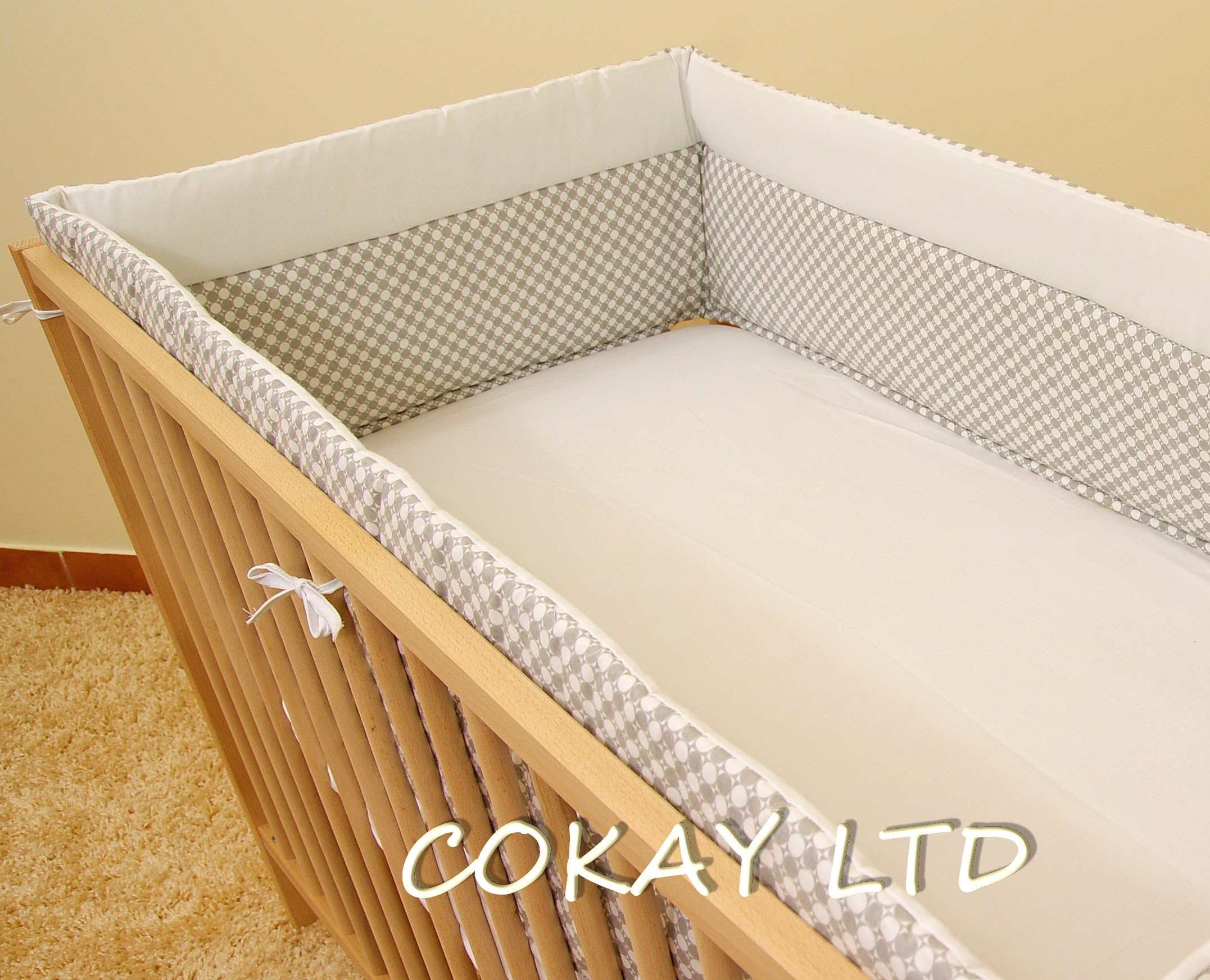 NURSERY BUMPER 420cm LONG ALL ROUND BUMPER TO FIT BABY COT BED (White/Grey)