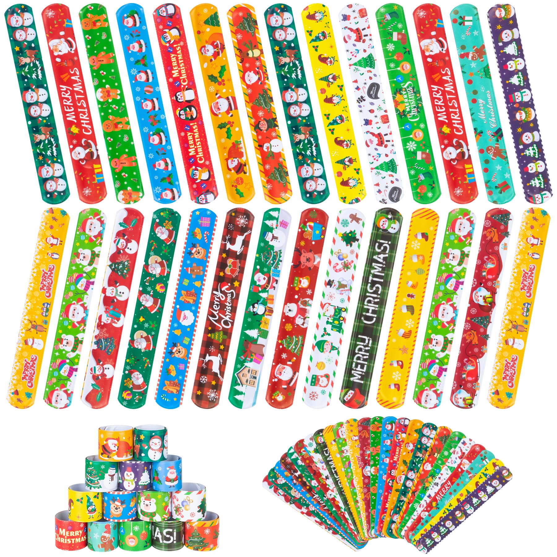 RICEDUO Christmas Snap Bracelet for Kids - 48 Pieces, 24 Colorful Styles - Bulk Christmas Slap Wristbands for Kids Party Favors, Toys Prizes & Goodie Bags Fillers