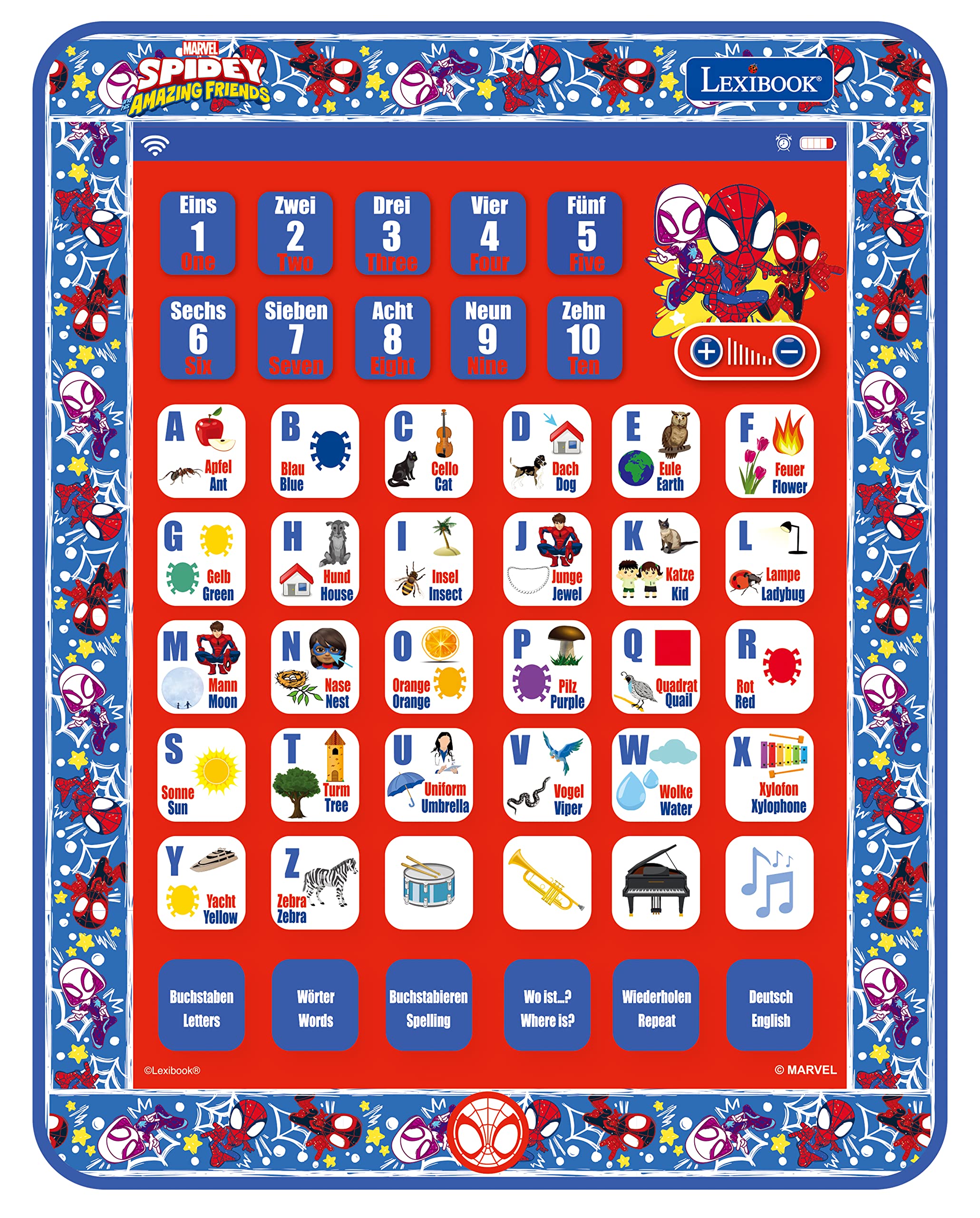 LEXIBOOK, Spidey and His Amazing Friends, Educational Bilingual Learning Tablet, Toy to learn alphabet letters numbers words spelling and music, English/German, Blue/red, JCPAD002SPi3