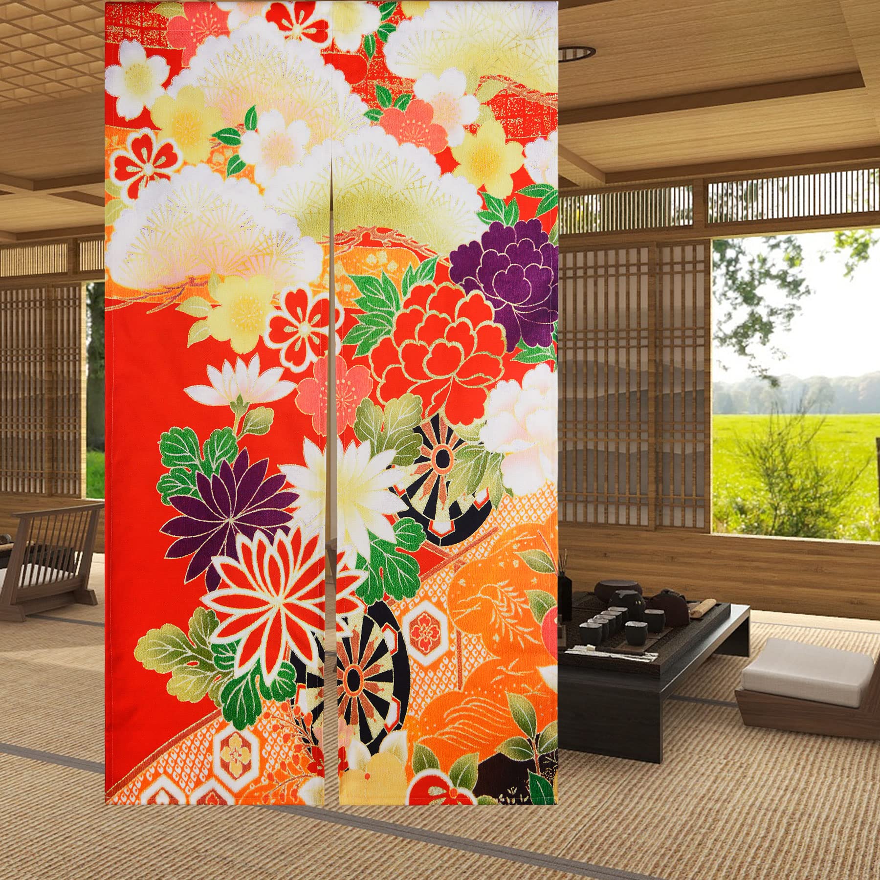 LIGICKY Japanese Style Doorway Curtain Noren Cotton Linen Retro Flowers Printed Window Treatment Hanging Door Tapestry for Home Decoration 85 x 150 cm, Colourful — image 1