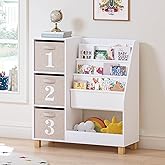 Spirich Kids Bookshelf with Storage Bins, Children Cube Storage Organizer, Montessori 3-Tier Book Display Rack, Book Shelf for Kids Rooms, Playroom, Nursery, White