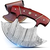 Handmade Damascus Steel Alaskan Ulu Knife – Curved Rocker Blade with Leather Sheath | Sharp Chopper for Meat, Fish, Vegetables, Herbs & Cheese | Wooden Handle Mincing & Butcher Knife