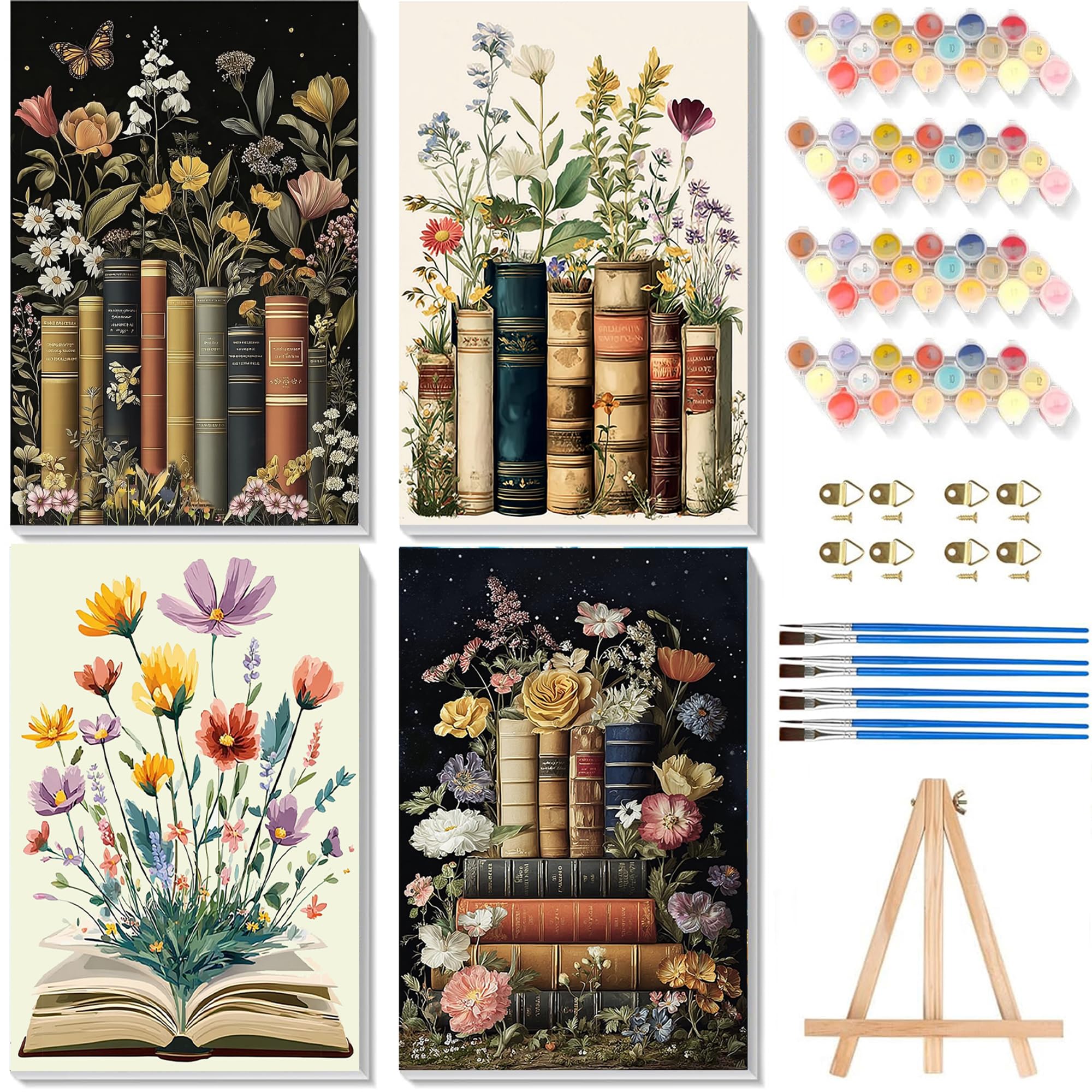 4 Pack Paint by Numbers for Adults with Framed Canvas & Wooden Easel, Book Painting by Number Kit Beginners on Canvas, Flowers Acrylic Oil Painting with Brushes for Home Wall Decor (8x12 inch) — image 1