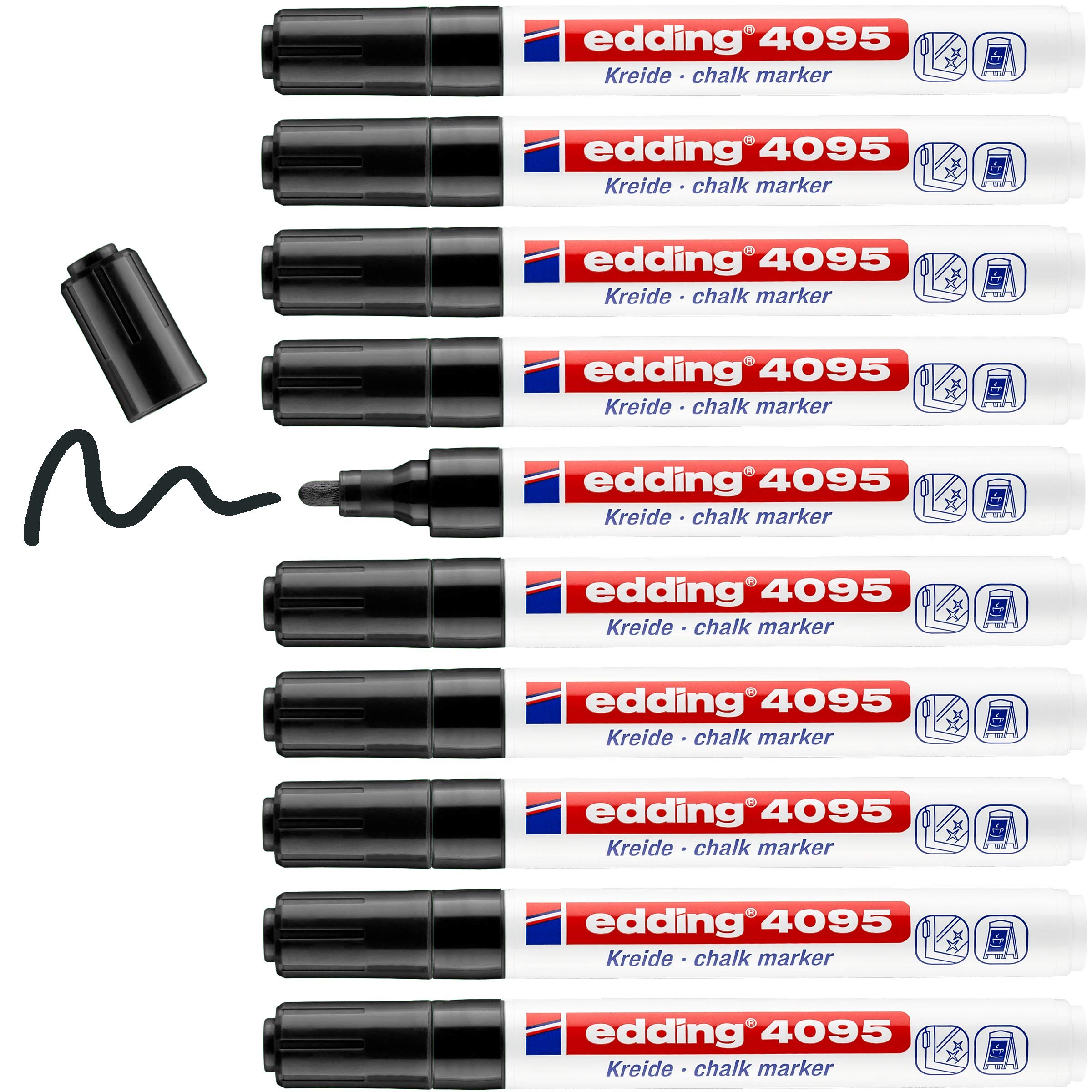 edding 4095 chalk marker - black - 10 chalk pens - round tip 2-3 mm - medium-tipped wet wipe pen for chalkboards, windows, glass, mirrors - liquid chalk marker pens for opaque coverage