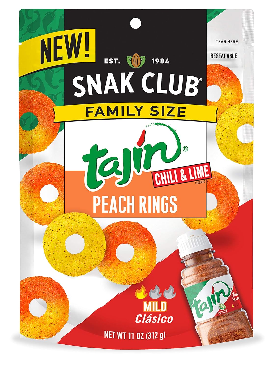 Snak Club Tajin Chili and Lime Seasoned Candy Peach Rings, 11 ounce Family Size bag