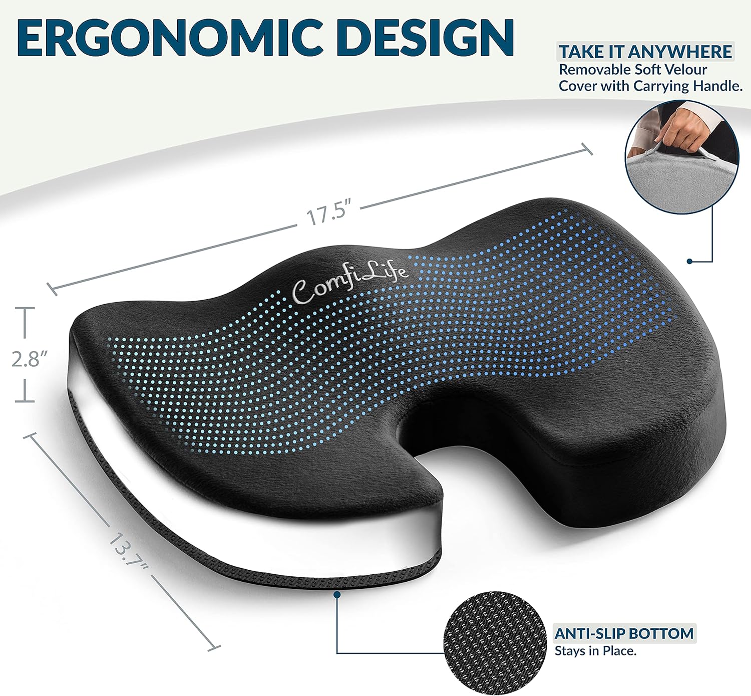 ComfiLife Gel Enhanced Seat Cushion - Non-Slip Orthopedic Gel & Memory Foam Coccyx Cushion for Tailbone Pain - Office Chair Car Seat Cushion - Sciatica & Back Pain Relief (Black): Office Products