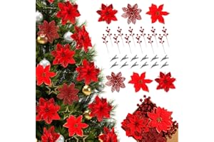 FLORRALIA Poinsettias Artificial Christmas Flowers Decorations - 30 Pcs 3 Styles Artificial Red Poinsettia Flowers for Christmas Tree,Artificial Holly Berry Stems Fake Poinsettia with Clips for Outdoor Decor