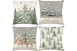 Ni-JASW Christmas Throw Pillow Covers 18x18 inch Set of 4, Snowflakes Truck Deer Forest Tree Winter Xmas Pillow Cases for Couch Sofa Holiday Decor